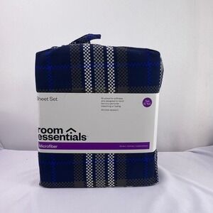 Room Essentials Twin XL Sheet Set Navy Blue Plaid Microfiber 3 Piece Bedding